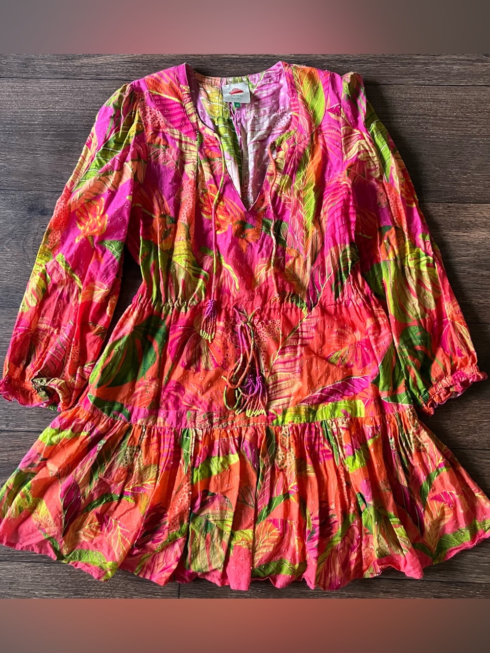 Farm Rio ombré forest bright tropical floral tassel mini dress medium *read